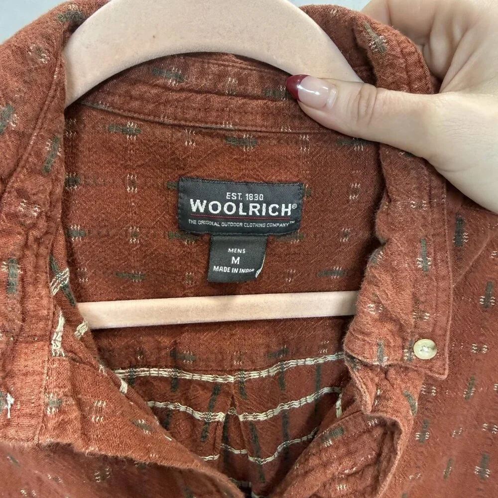 Woolrich Shirt Mens Medium Rust Orange Geometric Short Sleeve Button Up Cotton